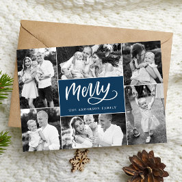 Cartão De Festividades Colagem de Fotos Natal Feliz Script Azul Marinho 6