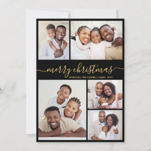 Cartão De Festividades Colagem de Fotos Natal Moderno Preto Dourado Scrip