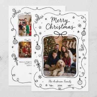 Cartão De Festividades Colagem de Fotos Natal Preto Branco Doodle 5