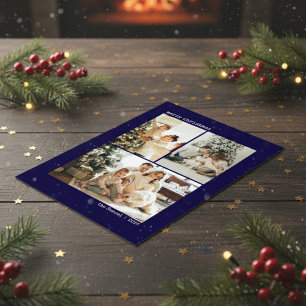 Cartão De Festividades Colagem de Fotos Personalizada 4 Família Azul Escu