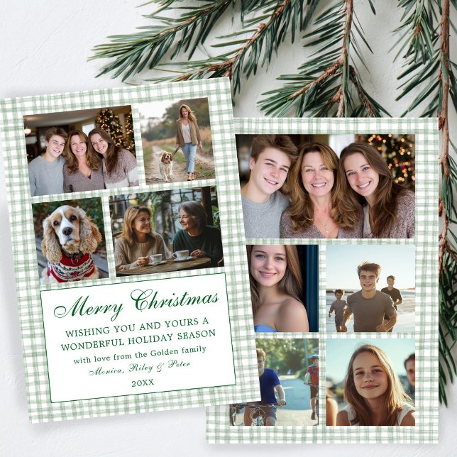 Cartão De Festividades Colagem de Fotos Personalizada de Natal de Chic Gi (Chic Gingham Christmas Custom 9 Photo Collage Holiday Card
)
