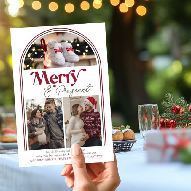 Cartão De Festividades Colagem de Fotos por Arco Grávida e feliz Gravidez (Merry and Pregnant - Christmas Card Pregnancy Announcement by Darling & May)