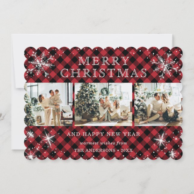 Cartão De Festividades Colagem de Fotos Red Buffalo Xadrez Snowflake 3 (Frente)