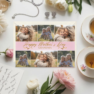 Cartão De Festividades Colagem de Fotos Rosa Feliz Dia das Mães Avó