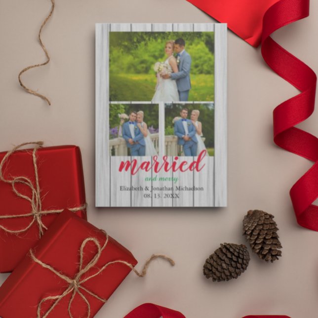 Cartão De Festividades Colagem de Fotos Rustic Wood Casada e Feliz (Criador carregado)