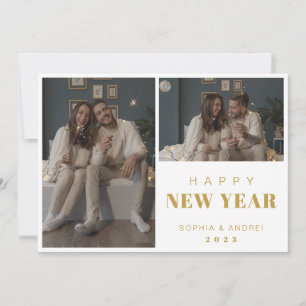 Cartão De Festividades Colagem de Fotos Simples Moderna 2 Ano Novo Dourad