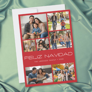 Cartão De Festividades Colagem de Fotos Vermelha Moderna 7 Feliz Natal