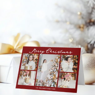 Cartão De Festividades Colagem de Fotos Vermelho Chic Natal Dobrado