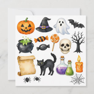 Cartão De Festividades Colagem de Halloween em Aquarela