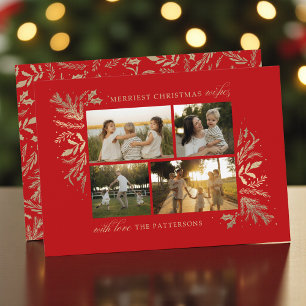 Cartão De Festividades Colagem de Natal da Família de 4 Fotos Red Gold