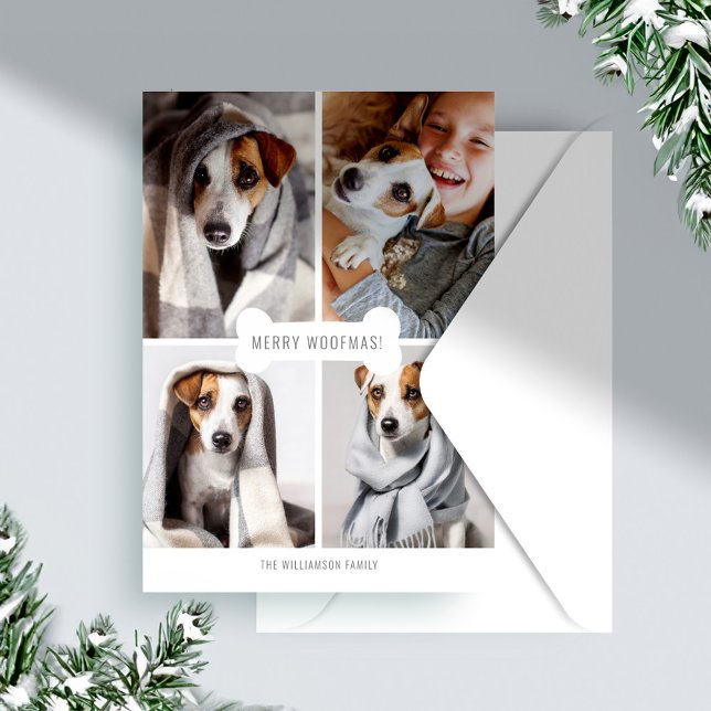 Cartão De Festividades Colagem de Pet de feliz Woofmas Dog Bone (Merry Woofmas Dog Bone Photo Pet Collage Holiday Card)
