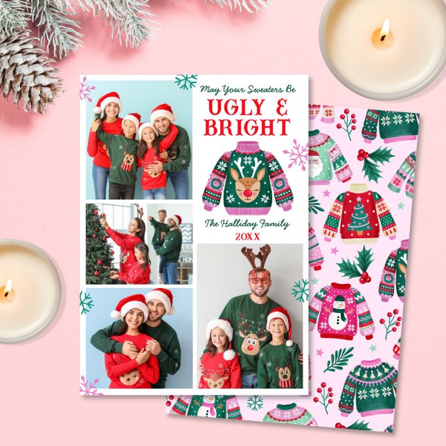 Cartão De Festividades Colagem de Suéter de Natal Feia e Brilhante (Ugly and Bright 4 Photo Ugly Sweater Christmas Holiday Card)