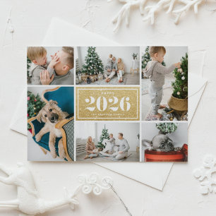Cartão De Festividades Colagem Dourada de Foto Glitter 2024