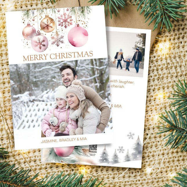 Cartão De Festividades Colagem fotográfica Branca de Natal Merry (Photo collage Merry Christmas white rose gold boho Holiday Card pastel rose gold baubles snowflakes)