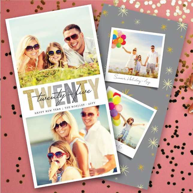 Cartão De Festividades Colagem Fotográfica Dourada de 2025 Ano Novo 2 (Bold Gold Typography 2025 New Year 2 Photo Collage Holiday Card @ fat_fa_tin)