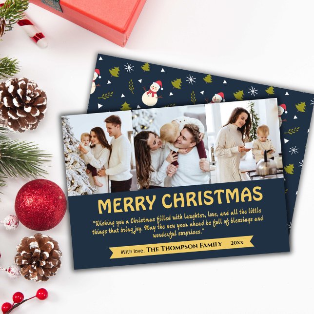 Cartão De Festividades Colagem moderna de 3 fotos, marinho azul bonito (Front/Back )