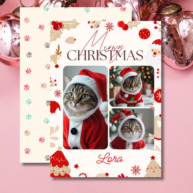 Cartão De Festividades Colagem personalizada de 3 fotos, natal meowy (Criador carregado)