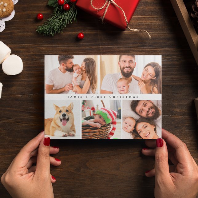 Cartão De Festividades Colagem Personalizada de Fotografias do Primeiro N (Custom Photo Grid baby's first Christmas card.)