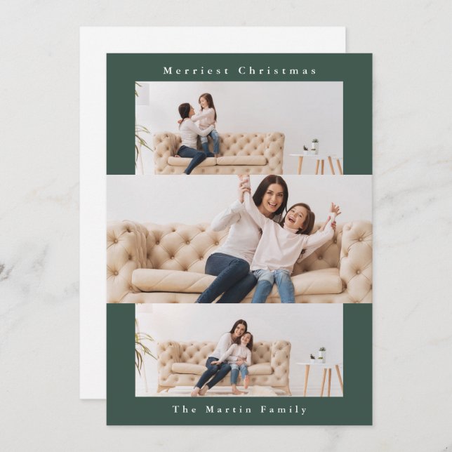 Cartão De Festividades Colagem Verde Moderna com Três Fotos (Frente/Verso)
