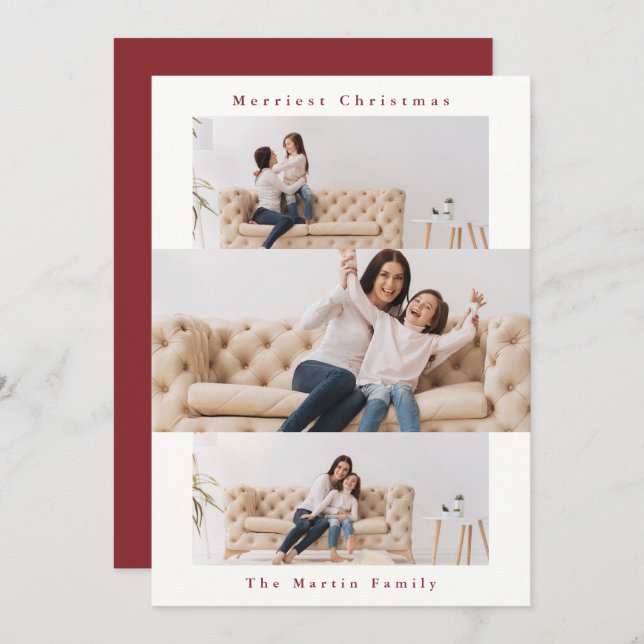Cartão De Festividades Colagem Vermelha e Branca Moderna com Três Fotos (Frente/Verso)