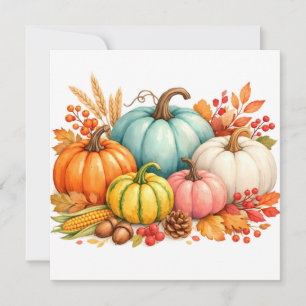 Cartão De Festividades Colheita de Outono em Aquarela - Abóboras e Frutas