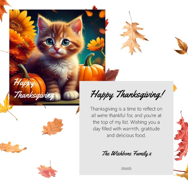 Cartão De Festividades Colheita Laranja Gato Pumpkin Outono Ação de Graça (Happy Thanksgiving Ginger Kitten pumpkins sunflower autumn leaves greeting card cute cat feline)