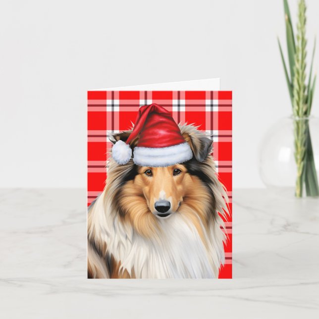 Cartão De Festividades Collie Christmas Dog Red Xadrez Christmas (Frente)