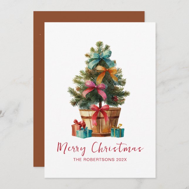 Cartão De Festividades Colorful Bows Christmas Tree Rustic (Frente/Verso)