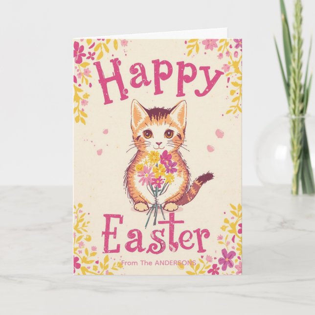 Cartão De Festividades Colorful Cute Cat Easter, Personalized Easter  (Frente)