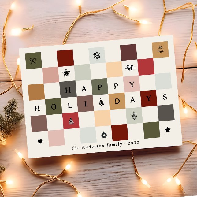 Cartão De Festividades Colorful Rustic Cute Happy Holidays Checkerboard  (Criador carregado)
