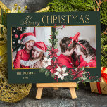 Cartão De Festividades Colorida Poinsettias de Natal de 2 Fotos Feliz<br><div class="desc">Design de Natal festivo e colorido,  com duas fotografias com dourado personalizado,  um gráfico de texto de Natal feliz com um spray de poinsetos tradicionais de Natal e holly sobre fundo verde.</div>