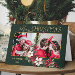 Cartão De Festividades Colorida Poinsettias de Natal de 2 Fotos Feliz<br><div class="desc">Design de Natal festivo e colorido,  com duas fotografias com dourado personalizado,  um gráfico de texto de Natal feliz com um spray de poinsetos tradicionais de Natal e holly sobre fundo verde.</div>