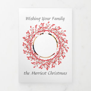 Cartão De Festividades Com Dobra Tripla 8 Foto   Carta Familiar   Red Berry Wreath Tri-Fol