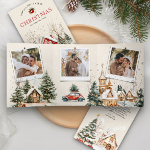 Cartão De Festividades Com Dobra Tripla Aldeia de Inverno em Aquarela Rústica 4 Fotos de N
