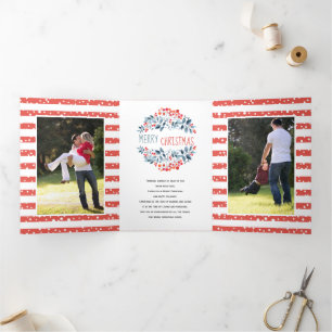 Cartão De Festividades Com Dobra Tripla Amoras azuis de coral Colagem de fotos de Natal