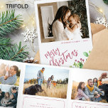 Cartão De Festividades Com Dobra Tripla Ano de revisão multi-foto vermelho Feliz Natal<br><div class="desc">Greenery holly berry foliage moderna Felry Christmas brushing,  ano em que a família de scripts ruídos de Feliz Natal é revisada 9 galeria de fotos com três folhas de feriado com seu texto personalizado.</div>