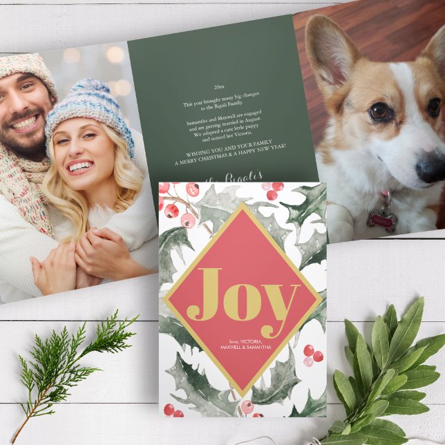 Cartão De Festividades Com Dobra Tripla Ano em Revisão da Alegria Botânica (Christmas card photo family couple pet tri-fold year in review botanical joy)