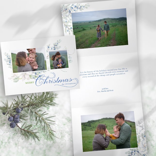 Cartão De Festividades Com Dobra Tripla Aquarela Merry Christmas Script Juniper Photo (Criador carregado)