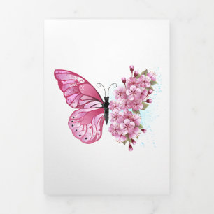 Cartão De Festividades Com Dobra Tripla Borboleta Flor com Sakura Rosa