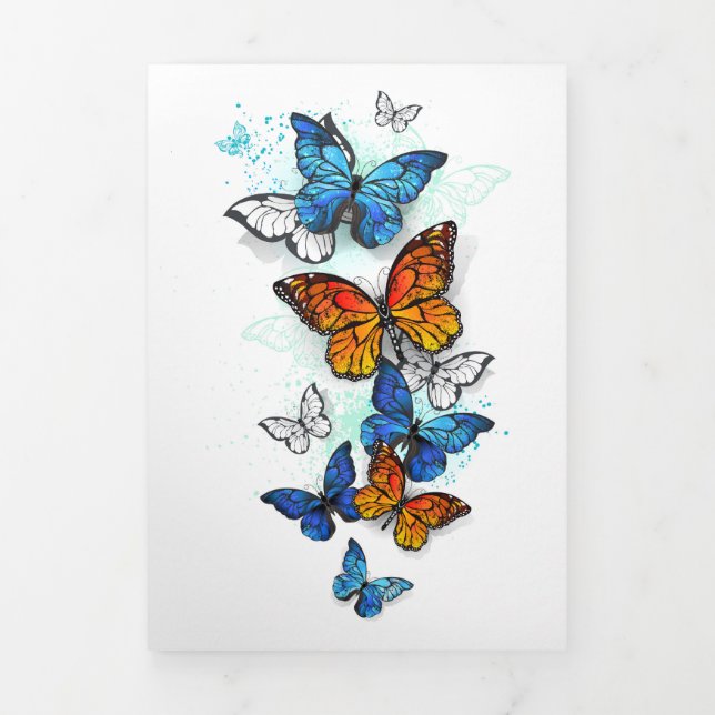 Cartão De Festividades Com Dobra Tripla Borboletas voadoras Morpho e Monarca (Cobrir)