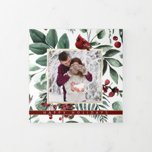 Cartão De Festividades Com Dobra Tripla Cardeal Holly Berries Seven Photo Watercolor