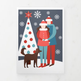 Cartão De Festividades Com Dobra Tripla Casal De Natal Com Cachorro E Árvore Personalizado