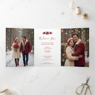 Cartão De Festividades Com Dobra Tripla Casamento Chic de Natal Fotos de Poinsettia TLW26
