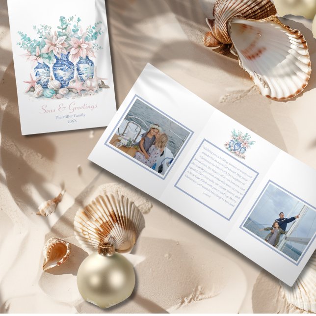 Cartão De Festividades Com Dobra Tripla Chinoiserie Vases Eucalyptus & Poinsettias 2 foto (Chinoiserie Vases Eucalyptus & Poinsettias 2 photo Tri-Fold Holiday Card)