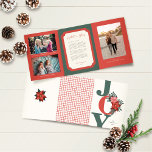 Cartão De Festividades Com Dobra Tripla Christmas Trifold Photo Red Green Joy Floral<br><div class="desc">Nothing says Christmas holidays like poinsettias! And these 5" x 7" tri-fold Christmas greeting cards will certainly put your friends and family into the spirit of the holidays. The Cover- has the word, "Joy" in large red serif letters with a hand drawn floral bouquet of poinsettia's, pine branches, leaves and...</div>