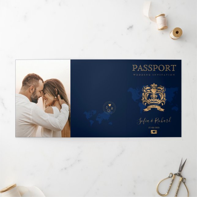 Cartão De Festividades Com Dobra Tripla Código QR Passaporte Destino Destino Casamento Mar (Fora)