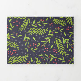 Cartão De Festividades Com Dobra Tripla Cypress Flocos de Neve Natal Berries Flores Vermel