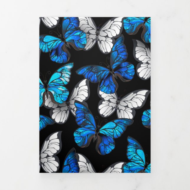 Cartão De Festividades Com Dobra Tripla Dark Seamless Pattern with Blue Butterflies Morpho (Cobrir)