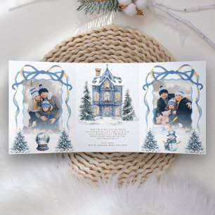 Cartão De Festividades Com Dobra Tripla Doce Coquete Laço Azul de Natal Foto no País das M