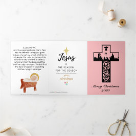 Cartão De Festividades Com Dobra Tripla Elegant Nativity Scene Pink Cross Church Christmas